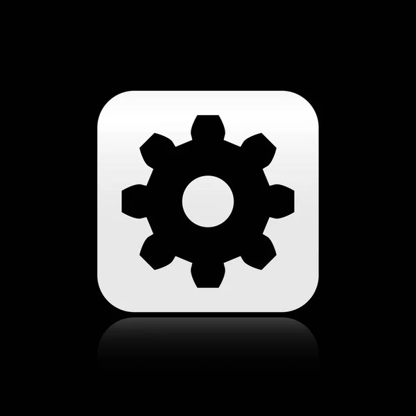 Icono de engranaje negro aislado sobre fondo negro. Señal de configuración del engranaje Cogwheel. Un símbolo de engranaje. Botón cuadrado plateado. Ilustración vectorial — Archivo Imágenes Vectoriales