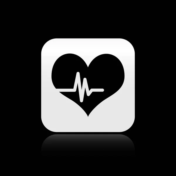 Icona della frequenza cardiaca nera isolata su sfondo nero. Segno di battito cardiaco. Icona del polso cardiaco. Icona del cardiogramma. Pulsante quadrato argento. Illustrazione vettoriale — Vettoriale Stock