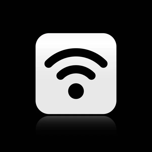 Czarna ikona bezprzewodowej sieci Internet Wi-Fi na czarnym tle. Srebrny kwadrat przycisk. Ilustracja wektorowa — Wektor stockowy