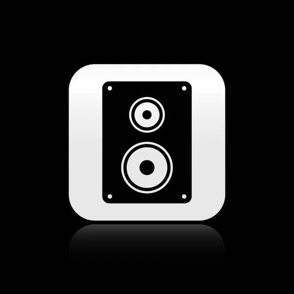 Zwart stereo speaker icoon geïsoleerd op zwarte achtergrond. Luidsprekers van het geluidssysteem. Muziekpictogram. Muzikale zuilluidspreker Bass-apparatuur. Zilveren vierkante knop. Vector illustratie — Stockvector