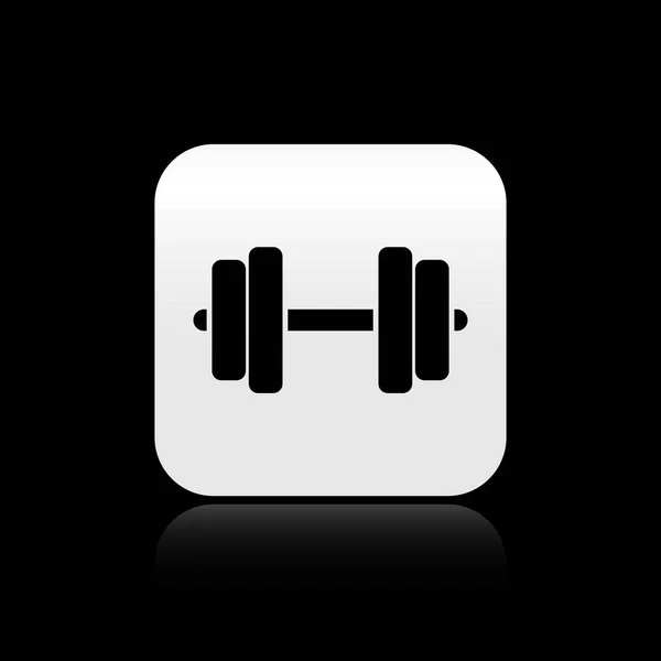 Svart hantel-ikon isolerad på svart bakgrund. Muskel lyft ikon, fitness skivstång, gym ikon, sportutrustning symbol, utöva bumbbell. Silver fyrkantig knapp. Vektor illustration — Stock vektor