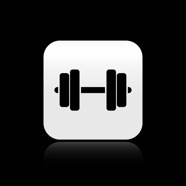 Icono de Black Dumbbell aislado sobre fondo negro. Icono de levantamiento muscular, barra de fitness, icono de gimnasio, símbolo de equipo deportivo, bumbbell ejercicio. Botón cuadrado plateado. Ilustración vectorial — Vector de stock