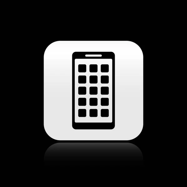Чорні мобільні додатки значок ізольований на чорному фоні. Смартфон з іконками екрану, додатками. мобільний телефон із зазначенням екрану. Срібна квадратна кнопка. Векторна ілюстрація — стоковий вектор