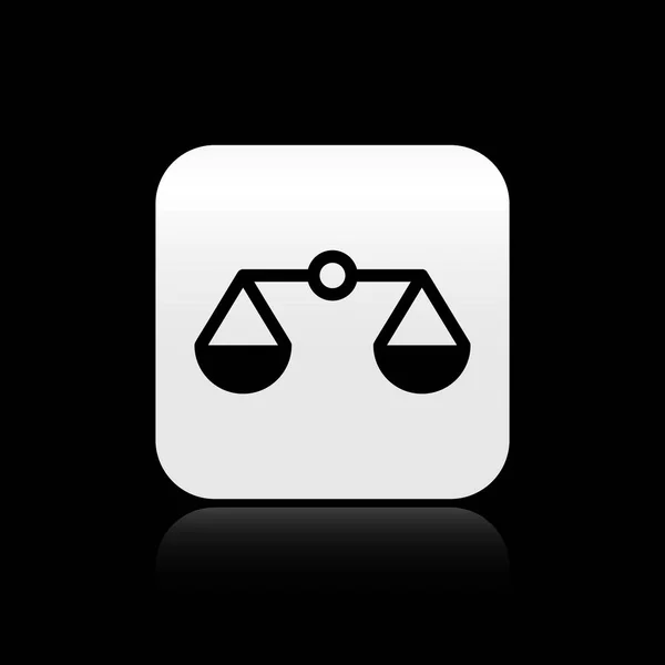 Escalas negras de justicia icono aislado sobre fondo negro. Símbolo del tribunal. Signo de balanza. Botón cuadrado plateado. Ilustración vectorial — Archivo Imágenes Vectoriales