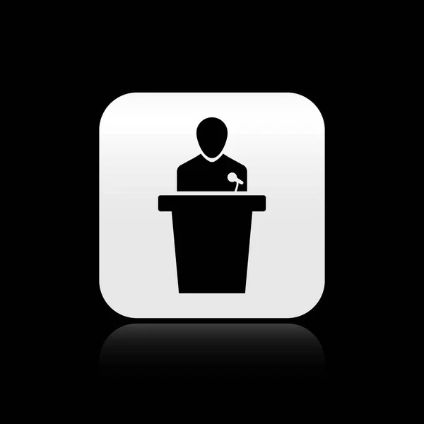 Black Speaker icon isolated on black background. Orator speaking from tribune. Public speech. Person on podium. Silver square button. Vector Illustration