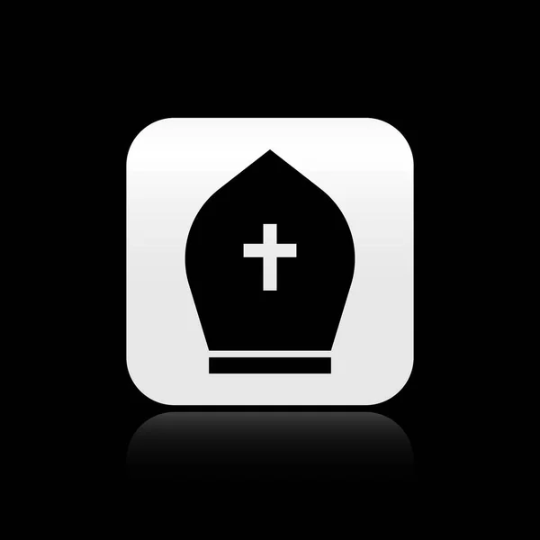 Black Pope hat icon isolated on black background. Christian hat sign. Silver square button. Vector Illustration — Stock Vector