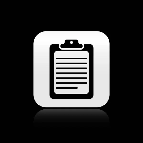 Portapapeles negro con icono de documento aislado sobre fondo negro. Botón cuadrado plateado. Ilustración vectorial — Vector de stock