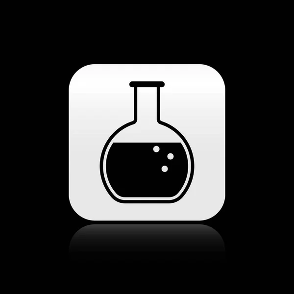 Schwarzes Reagenzglas und Kolben - Symbol für chemische Labortests auf schwarzem Hintergrund isoliert. Silberner quadratischer Knopf. Vektorillustration — Stockvektor