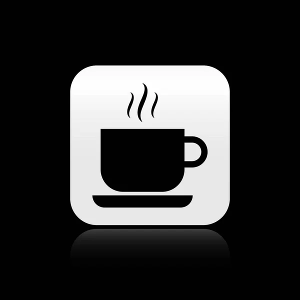 Icono de taza de café negro aislado sobre fondo negro. Taza de té. Café caliente. Botón cuadrado plateado. Ilustración vectorial — Archivo Imágenes Vectoriales