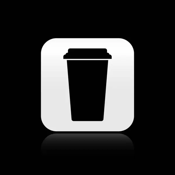 Zwarte koffie kopje pictogram geïsoleerd op zwarte achtergrond. Wegwerp koffiekop met warme koffie. Zilveren vierkante knop. Vector illustratie — Stockvector
