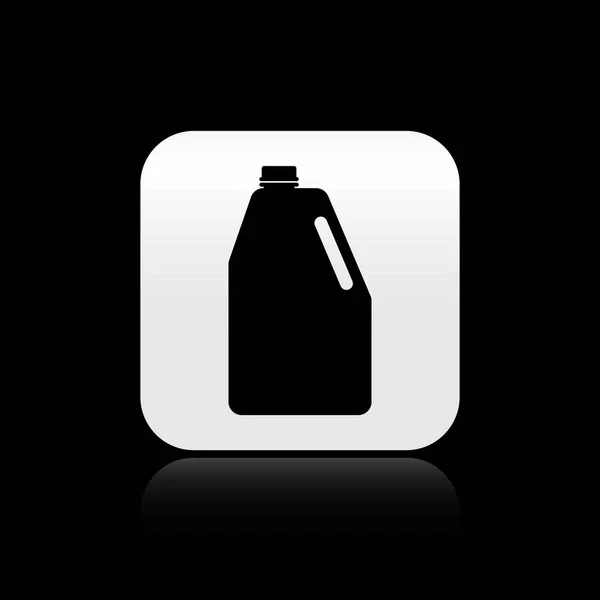 Черные химикаты Бланк значок пластиковой бутылки изолированы на черном фоне. Жидкое моющее средство или мыло, пятновыводитель, отбеливатель для белья. Серебряная кнопка. Векторная миграция — стоковый вектор