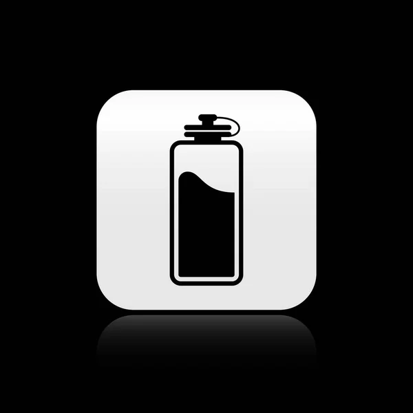 Svart Sportflaska med vatten ikon isolerad på svart bakgrund. Silver fyrkantig knapp. Vektor illustration — Stock vektor