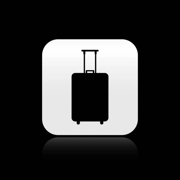검은 색 배경에 고립 된 검은 여행 가방 아이콘입니다. 여행 수하물 표지판. 여행 수하물 아이콘입니다. 실버 스퀘어 버튼. 벡터 일러스트레이션 — 스톡 벡터