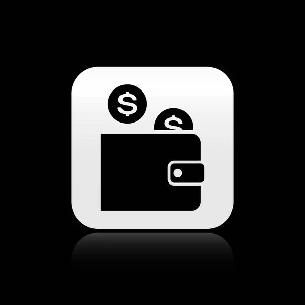 Monedero negro con icono de moneda aislado sobre fondo negro. Monedero de dinero. Moneda símbolo del dólar. Botón cuadrado plateado. Ilustración vectorial — Vector de stock