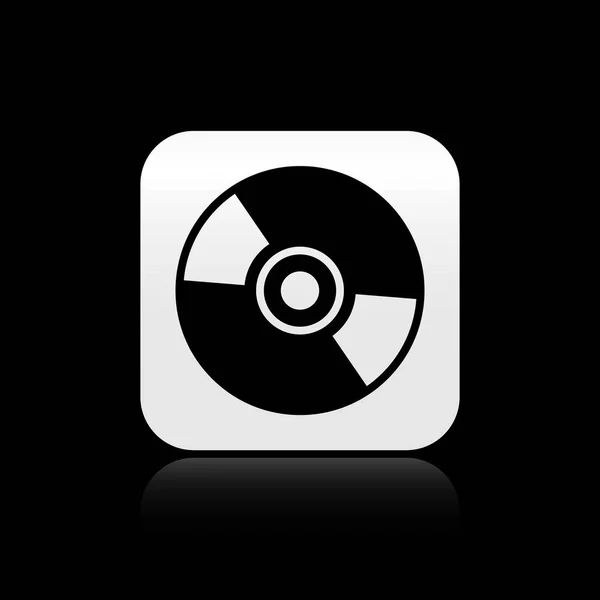 Μαύρο εικονίδιο δίσκου CD ή DVD απομονώνεται σε μαύρο φόντο. Σύμβολο μικρού δίσκου. Ασημί τετράγωνο κουμπί. Απεικόνιση διανυσματικών φορέων — Διανυσματικό Αρχείο