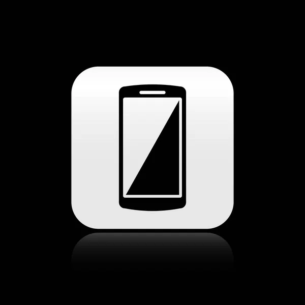 Smartphone negro, icono del teléfono móvil aislado sobre fondo negro. Botón cuadrado plateado. Ilustración vectorial — Vector de stock