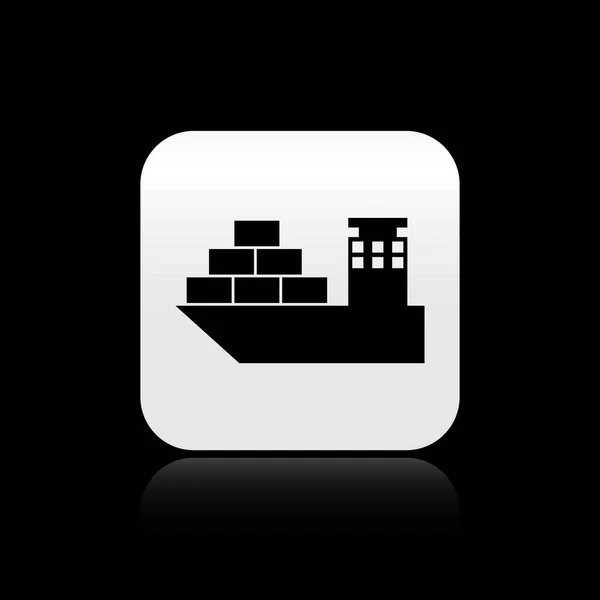 Icono de barco de carga negra aislado sobre fondo negro. Botón cuadrado plateado. Ilustración vectorial — Archivo Imágenes Vectoriales