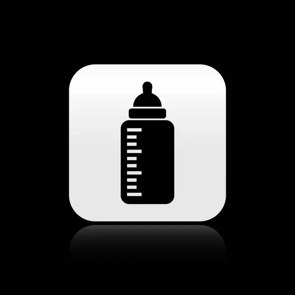 Zwarte baby fles pictogram geïsoleerd op zwarte achtergrond. Voedingsfles pictogram. Melk fles teken. Zilveren vierkante knop. Vector illustratie — Stockvector