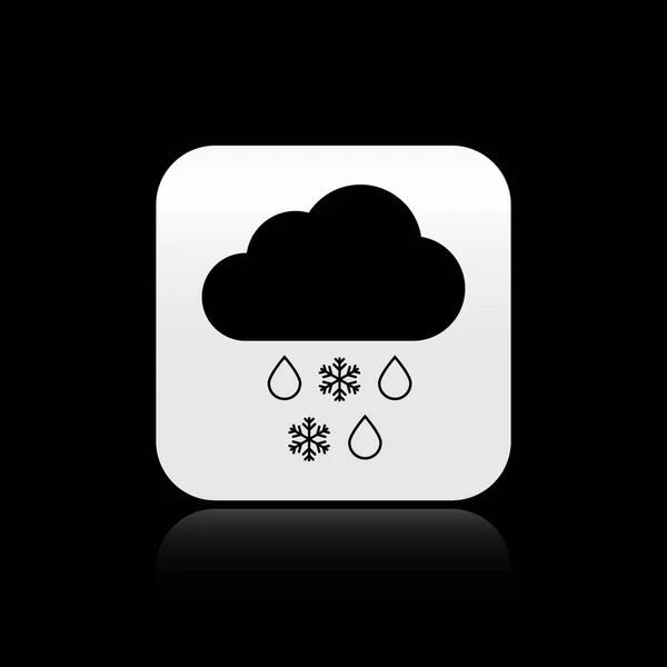 Schwarze Wolke mit Schnee- und Regensymbol auf schwarzem Hintergrund. Wettersymbol. Silberner quadratischer Knopf. Vektorillustration — Stockvektor