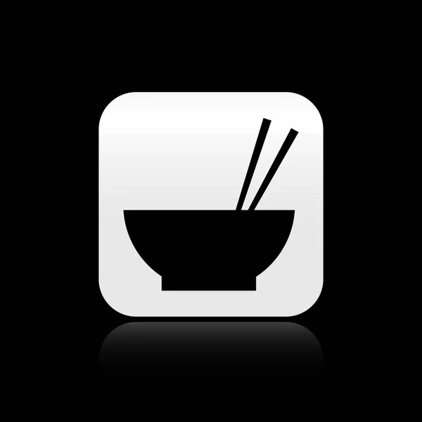 Ciotola nera con cibo asiatico e paio di bacchette icona silhouette isolato su sfondo nero. Concetto di preparare, dieta orientale. Pulsante quadrato argento. Illustrazione vettoriale — Vettoriale Stock