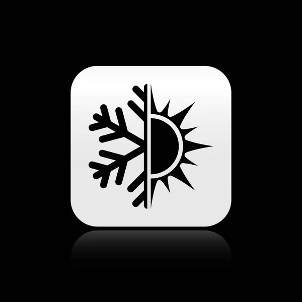 Czarny gorący i zimny symbol. Słońce i ikona śnieżynka izolowane na czarnym tle. Symbol zimowy i letni. Srebrny kwadrat przycisk. Ilustracja wektorowa — Wektor stockowy