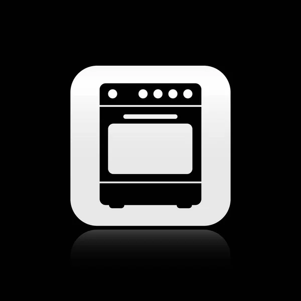 黒いオーブンのアイコンは、黒の背景に隔離されています。ストーブガスオーブンサイン。シルバーの正方形のボタン。ベクトルイラストレーション — ストックベクタ