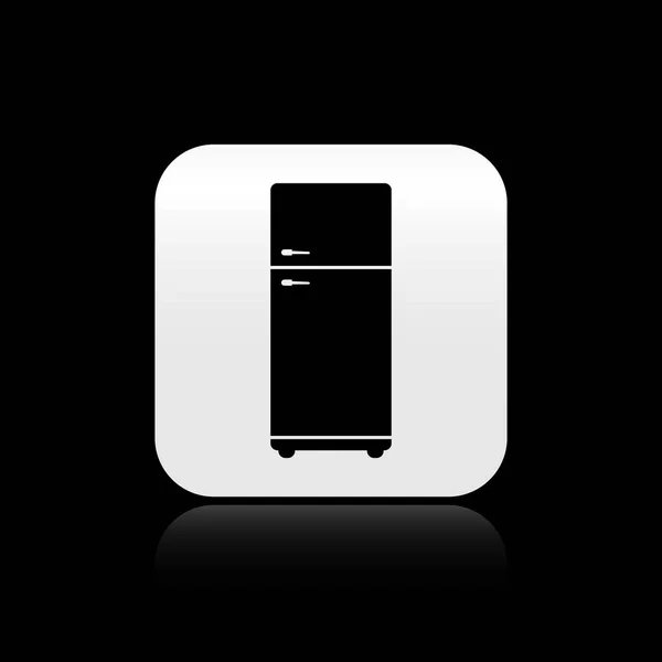 黒の背景に隔離された黒冷蔵庫のアイコン。冷蔵庫の冷蔵庫。家庭用技術や家電製品。銀四角形のボタン。ベクターイラスト — ストックベクタ