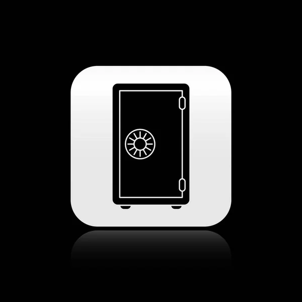 Schwarzes Sicherheitssymbol isoliert auf schwarzem Hintergrund. In der Tür befindet sich ein Banktresor mit Zahlenschloss. verlässlicher Datenschutz. Silberner quadratischer Knopf. Vektorillustration — Stockvektor