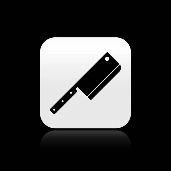 Picador de carne negra icono aislado sobre fondo negro. Cuchillo de cocina para carne. Cuchillo de carnicero. Botón cuadrado plateado. Ilustración vectorial — Vector de stock