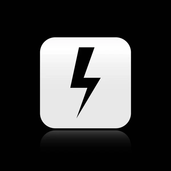 Schwarzes Blitz-Symbol isoliert auf schwarzem Hintergrund. Blitz-Symbol. Ladung Flash-Symbol. Donnerkeil. Lichtstreik. Silberner quadratischer Knopf. Vektorillustration — Stockvektor