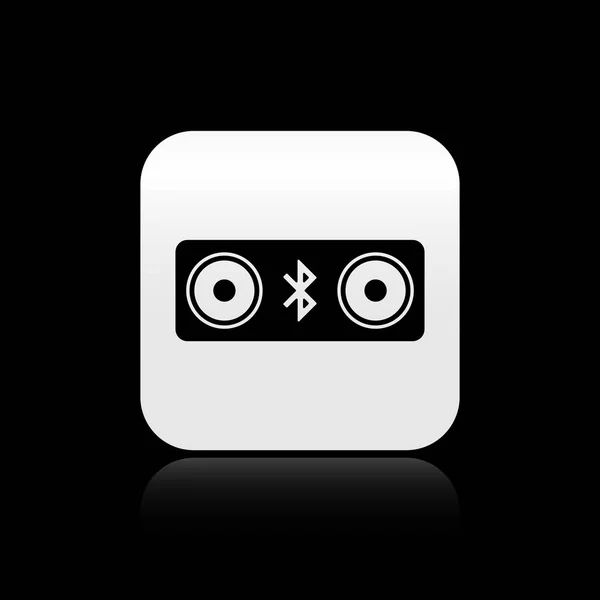 Ikona černého reproduktoru Bluetooth je izolována na černém pozadí. Stereo reproduktor Bluetooth. Stříbrné čtvercové tlačítko. Vektorová ilustrace — Stockový vektor