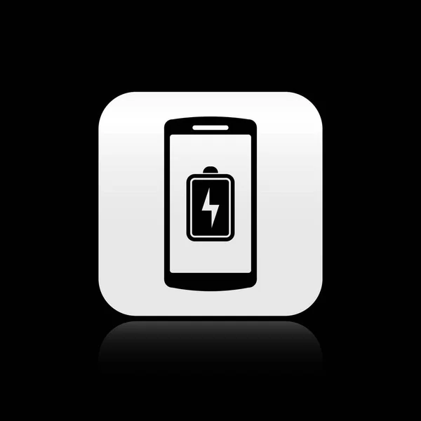 Icono de carga de la batería del Smartphone negro aislado sobre fondo negro. Teléfono con una carga de batería baja. Botón cuadrado plateado. Ilustración vectorial — Archivo Imágenes Vectoriales