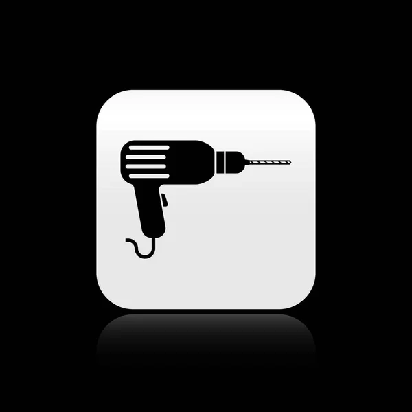 Black Drill machine icon isolated on black background. Silver square button. Vector Illustration — Stock Vector