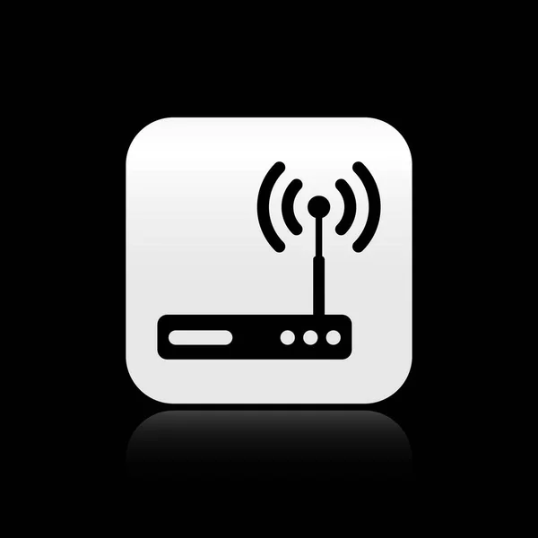 Μαύρο δρομολογητή και το εικονίδιο σύμβολο Wi-Fi σήμα απομονώνεται σε μαύρο φόντο. Δρομολογητής ασύρματου Ethernet μόντεμ. Διαδίκτυο τεχνολογίας υπολογιστών. Ασημί τετράγωνο κουμπί. Απεικόνιση διανυσματικών φορέων — Διανυσματικό Αρχείο