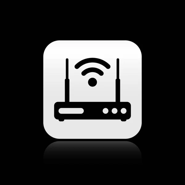 Černý směrovač a ikona symbolu signálu Wi-Fi izolované na černém pozadí. Směrovač modemu pro bezdrátový Ethernet. Internetová počítačová technika. Stříbrné čtvercové tlačítko. Vektorová ilustrace — Stockový vektor