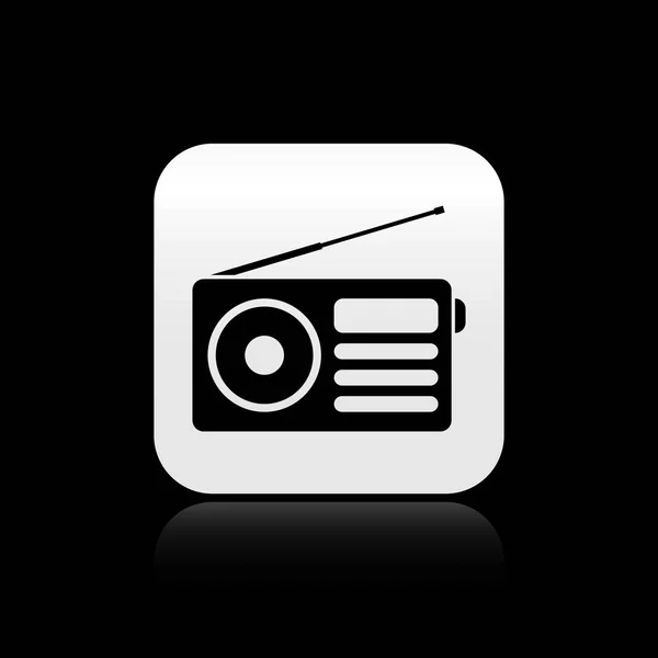 Radio nera con icona dell'antenna isolata su sfondo nero. Pulsante quadrato argento. Illustrazione vettoriale — Vettoriale Stock