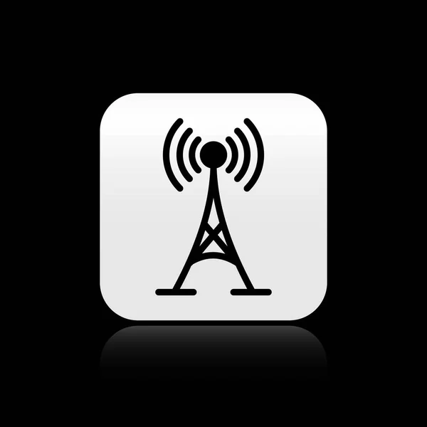 Svart antenn ikon isolerad på svart bakgrund. Radio antenn trådlös. Teknik och nätverkssignal radioantenn. Silver fyrkantig knapp. Vektor illustration — Stock vektor