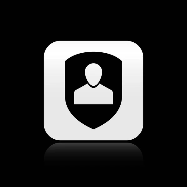 Zwart pictogram voor gebruikersbescherming geïsoleerd op zwarte achtergrond. Veilige gebruikers login, beveiligd met een wachtwoord, bescherming van persoonsgegevens, authenticatie icoon. Zilveren vierkante knop. Vector illustratie — Stockvector