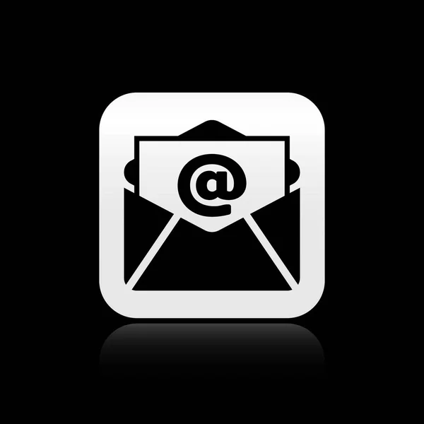 Schwarze Post und E-Mail-Symbol isoliert auf schwarzem Hintergrund. Umschlag-Symbol E-Mail. E-Mail-Zeichen. Silberner quadratischer Knopf. Vektorillustration — Stockvektor