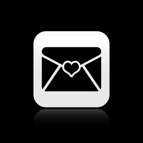 Black Envelope with Valentine heart icon isolated on black background. Letter love and romance. Silver square button. Vector Illustration — Stock Vector