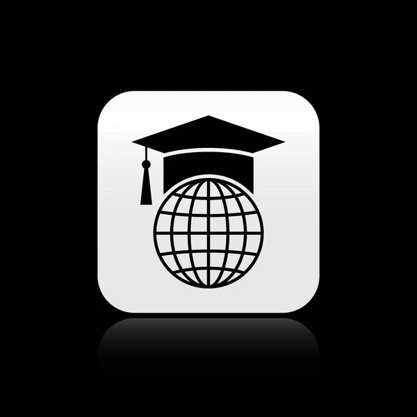 Черная шапка градуации на значке глобуса, выделенная на чёрном фоне. Мировой образовательный символ. Онлайн-обучение или концепция электронного обучения. Серебряная кнопка. Векторная миграция — стоковый вектор