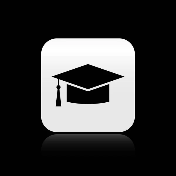 Zwarte Graduation Cap pictogram geïsoleerd op zwarte achtergrond. Afstuderen hoed met kwast pictogram. Zilveren vierkante knop. Vector illustratie — Stockvector