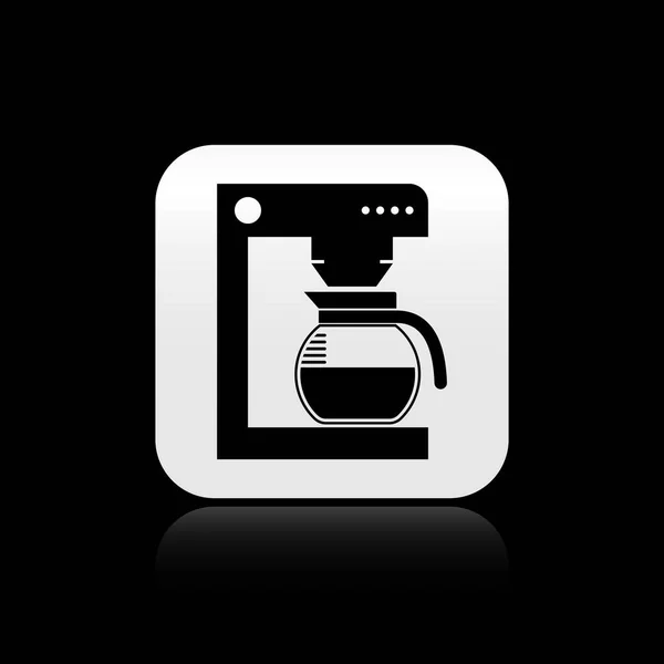 Macchina da caffè nera con icona in vetro isolato su sfondo nero. Pulsante quadrato argento. Illustrazione vettoriale — Vettoriale Stock