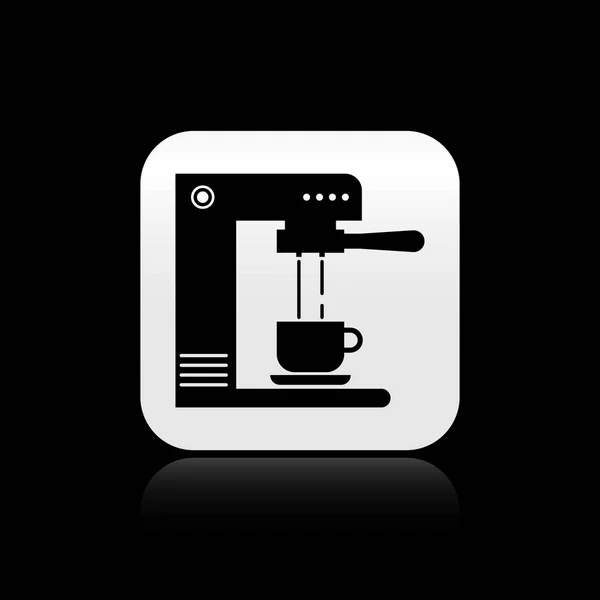 Černý kávovar a ikona kávového šálku izolované na černém pozadí. Stříbrné čtvercové tlačítko. Vektorová ilustrace — Stockový vektor
