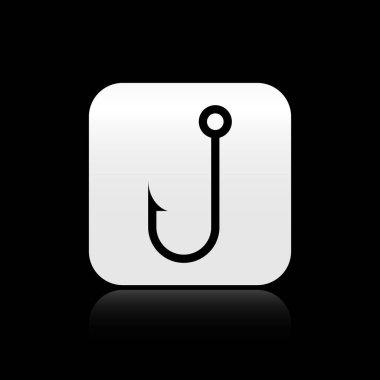 Siyah arka planda yalıtılmış Siyah Olta kancası simgesi. Gümüş kare düğme. Vektör İllüstrasyonu