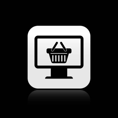 Siyah arkaplanda izole edilmiş alışveriş sepeti simgesi olan siyah bilgisayar monitörü. Çevrimiçi alışveriş arabası. Süpermarket sepeti sembolü. Gümüş kare düğme. Vektör İllüstrasyonu