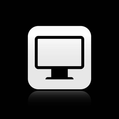 Siyah bilgisayar monitör ekran simgesi siyah arka planda yalıtılmış. Elektronik cihaz. Ön görüş. Gümüş kare düğme. Vektör İllüstrasyonu