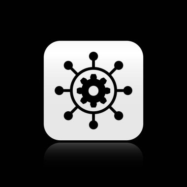 Siyah arka planda yalıtılmış siyah Proje yönetimi simgesi. Hub ve kollu ve dişli katı simgesi. Gümüş kare düğme. Vektör İllüstrasyonu