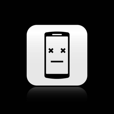 Siyah arka planda yalıtılmış Black Dead telefon simgesi. Vefat eden dijital cihaz emoji sembolü. Yüz duygularını gösteren ceset akıllı telefonu. Gümüş kare düğme. Vektör İllüstrasyonu