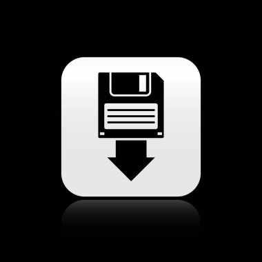 Siyah arka planda yalıtılmış siyah Disket disk yedekleme simgesi. Disket işareti. Gümüş kare düğme. Vektör İllüstrasyonu